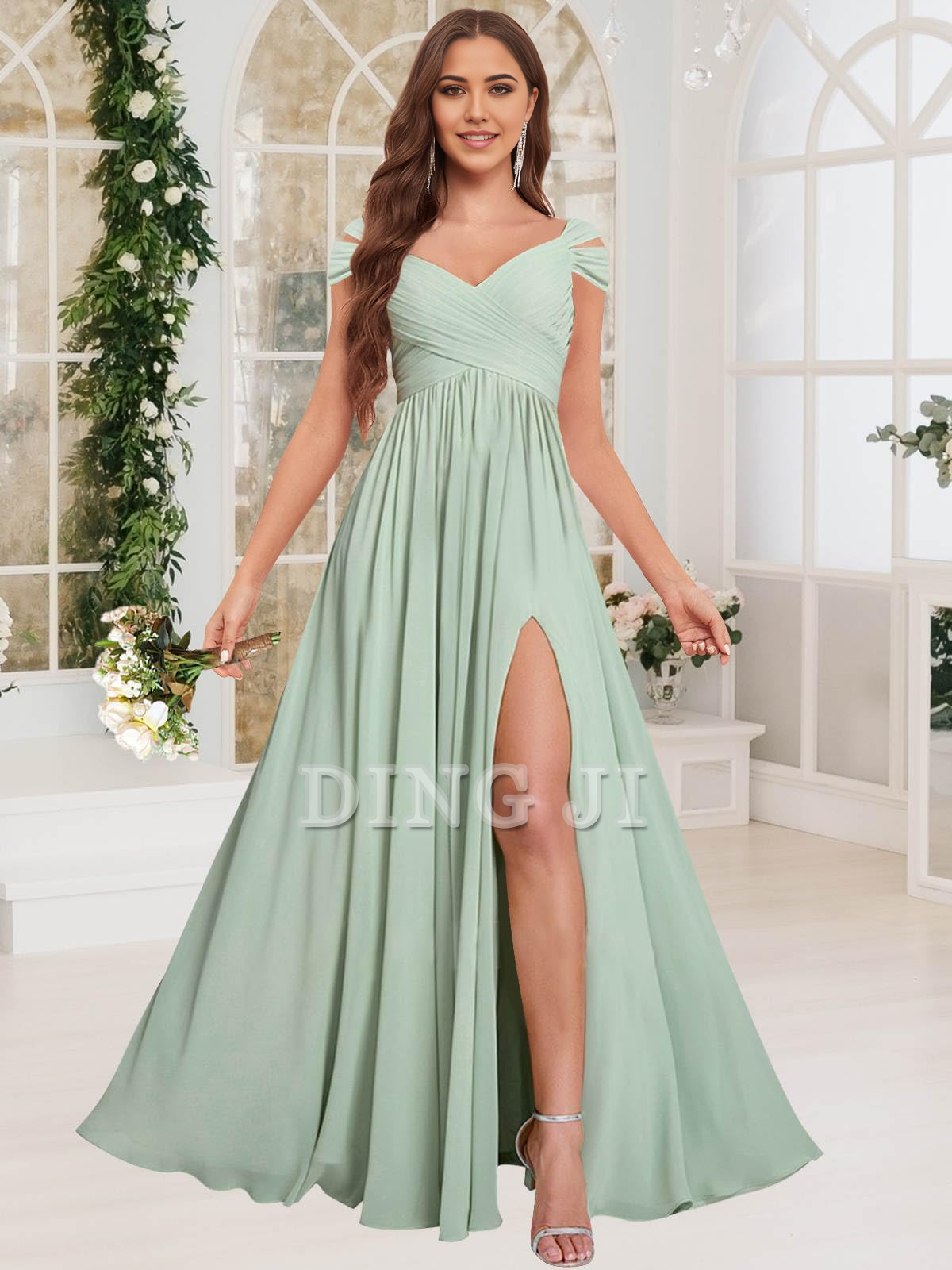 DingJiDress Bridesmaid Dresses Exquisite V Neck Off The Shoulder Side Fork Chiffon Long Formal Wear Dresses