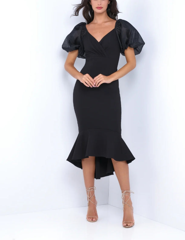 DingJiDress New Pattern Wedding Guest Dress Mermaid V-Neckline Zip-up Back Charming Puff Sleeve Ruffled Hem Black Formal Dress Evening Dress