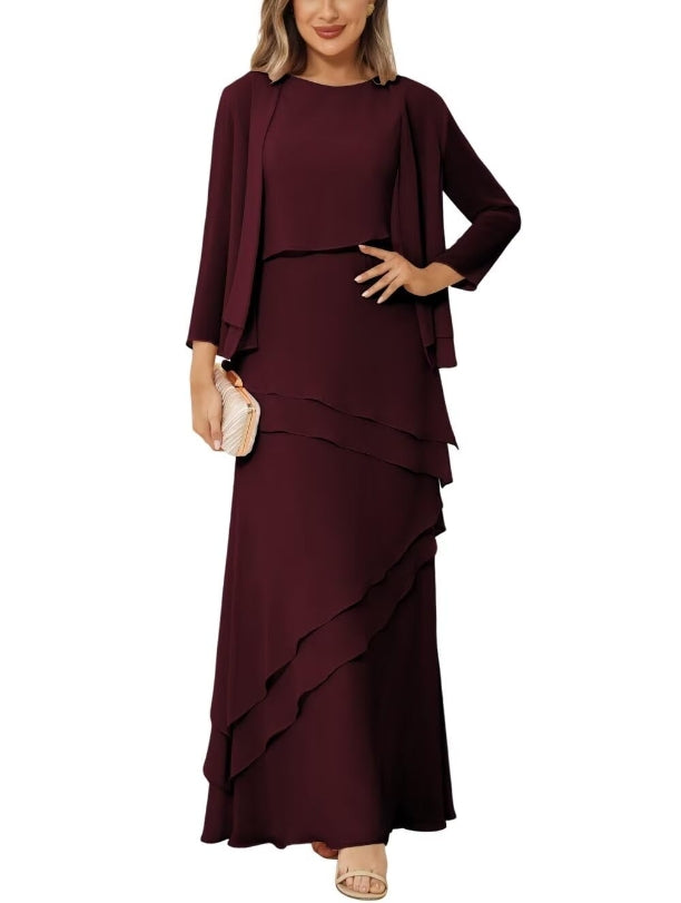 Mother of the Bride or Groom Dresses Chiffon Long Sleeve Jacket Long Formal Dress Ruffles Wedding Guests Dresses