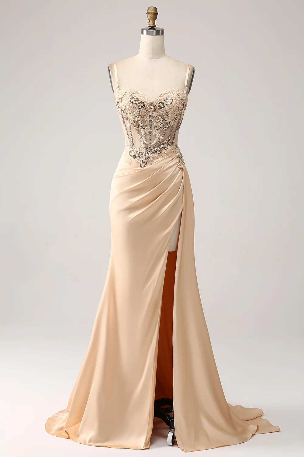 DingJiDress Elegant Champagne Mermaid Pleated Satin Prom Dress With Appliques