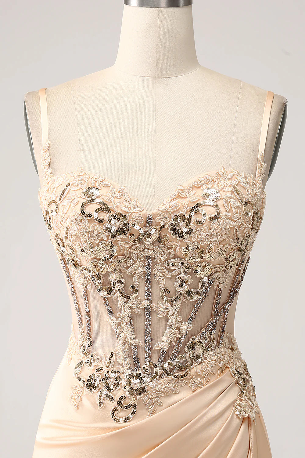 DingJiDress Elegant Champagne Mermaid Pleated Satin Prom Dress With Appliques