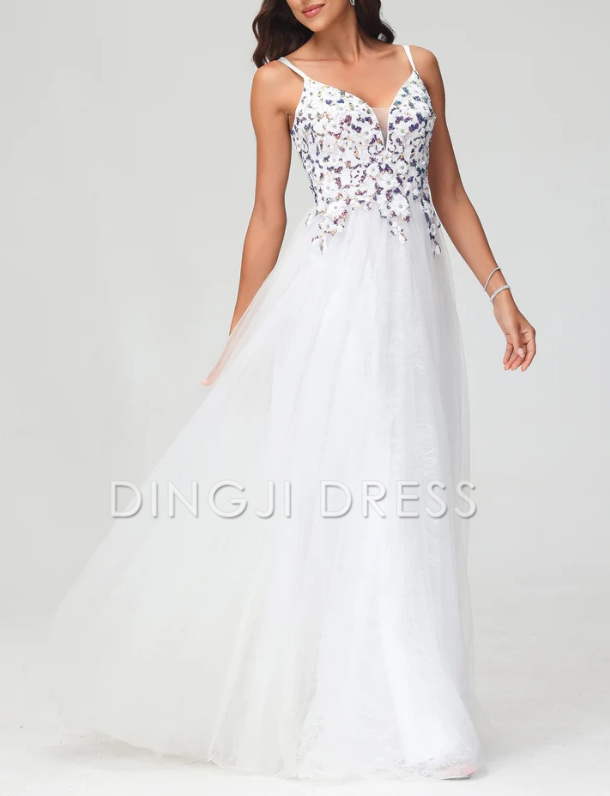 DingJiDress Evening Dress A-Line Deep V-Neck Spaghetti Straps Tulle Floor-Length Dress Elegant Formal Dress