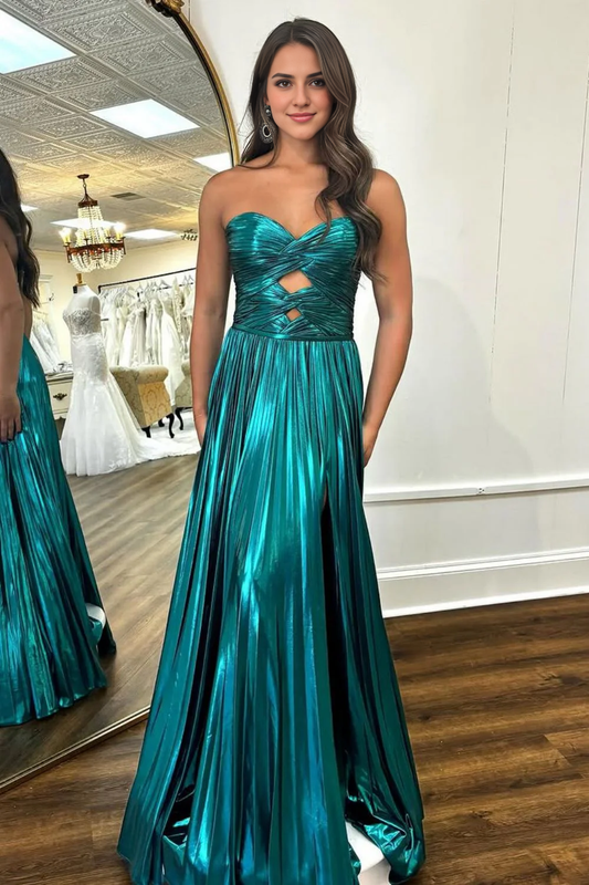 DingJiDress A-Line Sweetheart Long Pleated Metallic With Slit Fashion Prom Dress