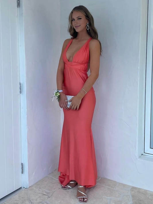 DingJiDress Charming Evening Dress Plunge Neck Mermaid Cultivate oneself Long Sweep Train Prom Dress Backless Formal Wear Dresses Wedding Guest Dresses