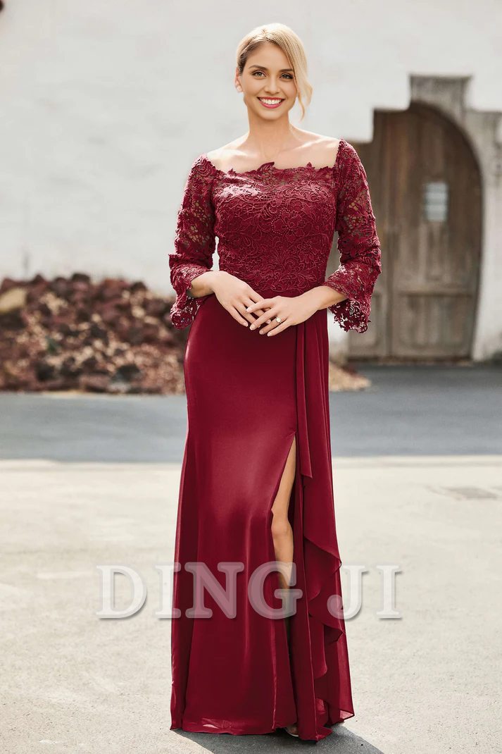 DingJiDress Mother of the Bride Dresses Ruffles Long Sleeves Sheath Dress With Slit Elegant Charming Dresses Wedding Guests Dresses