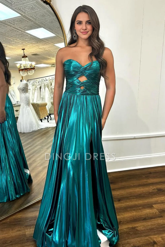 DingJiDress A-Line Sweetheart Long Pleated Metallic With Slit Fashion Prom Dress