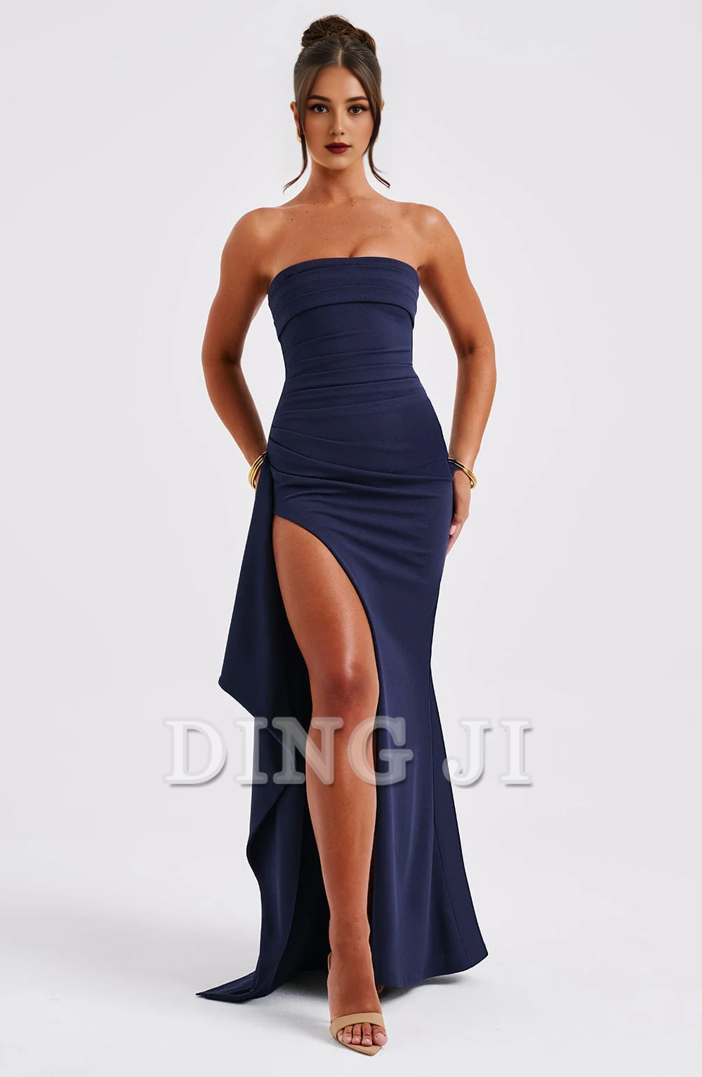 DingJiDress Prom Dresses Strapless Ruched Thigh high split Exquisite Dresses Wedding Guests Dresses