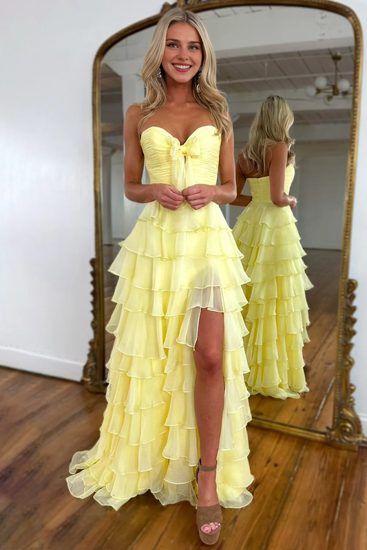DingJiDress Cute A-Line Sweetheart Strapless Tiered Chiffon Side Fork Elegant Prom Dress