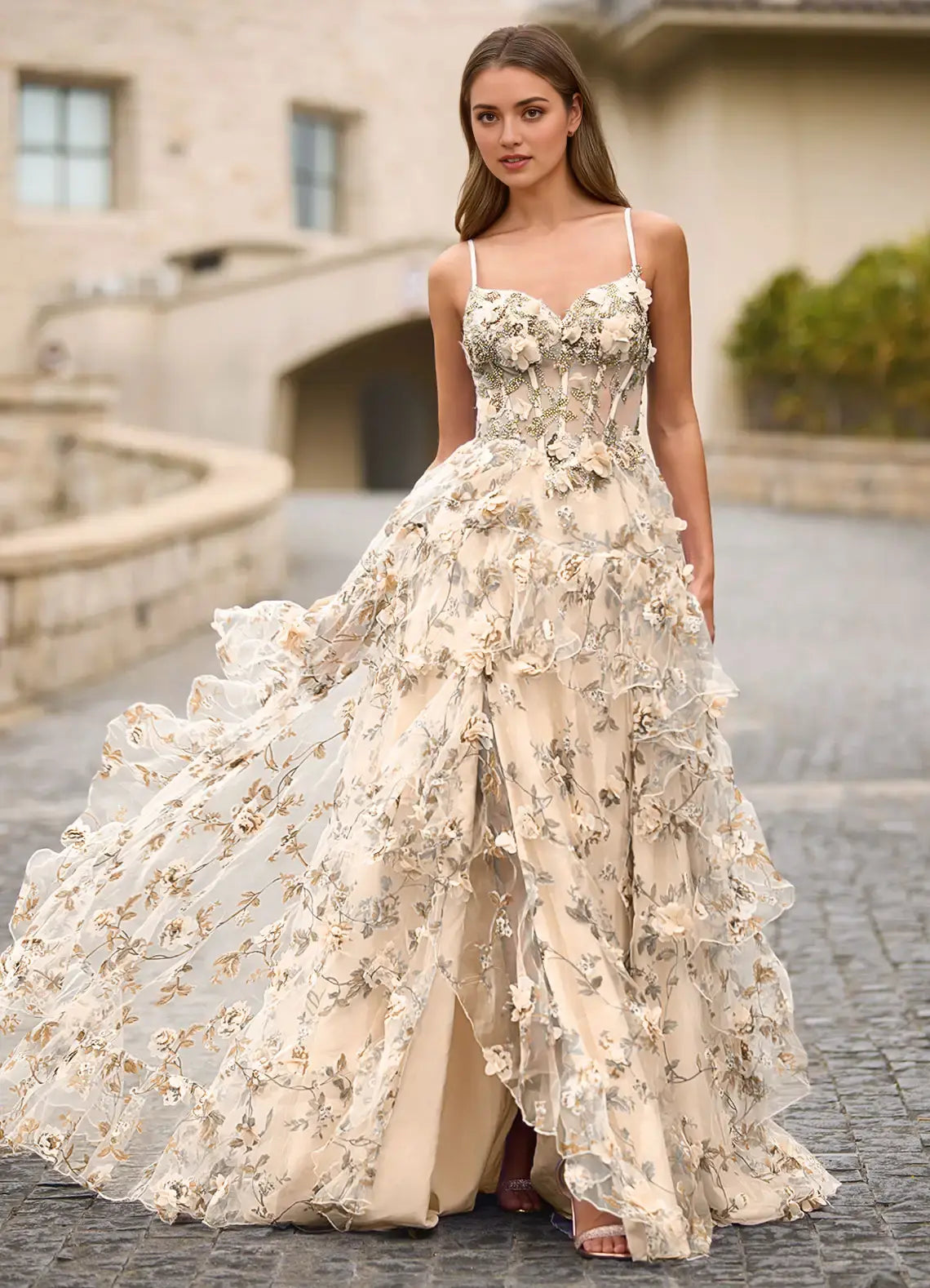 Elegant Light Apricot Printing A Line Spaghetti Strap Sweetheart Neckline Sleeveless 3D Floral Beadwork Side Fork Backless Romantic Formal Dresses Affordable Prom Dress