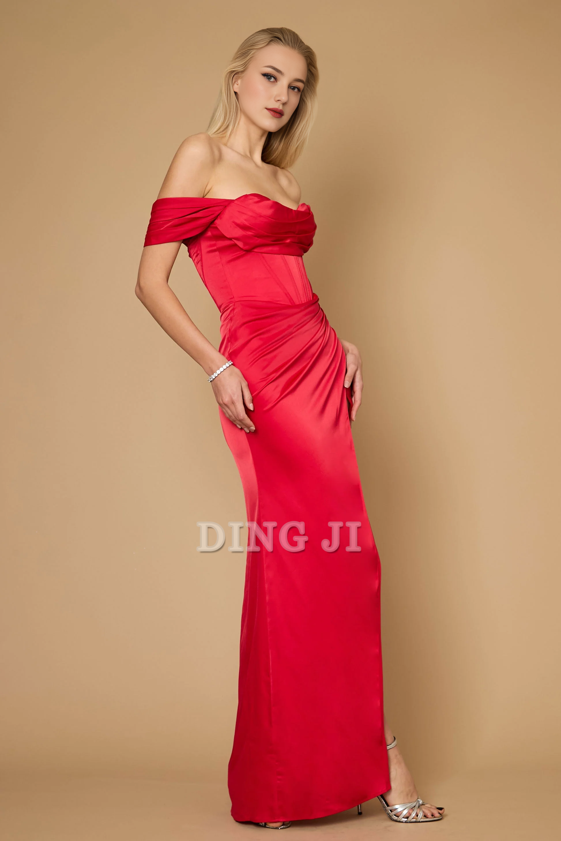 DingJiDress Bridesmaid Dresses Off Shoulder sweetheart neckline Corset Satin Backless Side Fork Dresses Long Wedding Guests Dresses