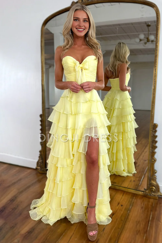 DingJiDress Cute A-Line Sweetheart Strapless Tiered Chiffon Side Fork Elegant Prom Dress