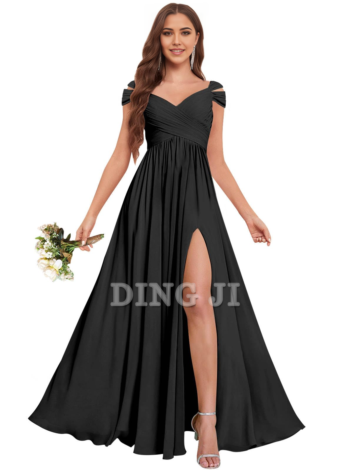 DingJiDress Bridesmaid Dresses Exquisite V Neck Off The Shoulder Side Fork Chiffon Long Formal Wear Dresses