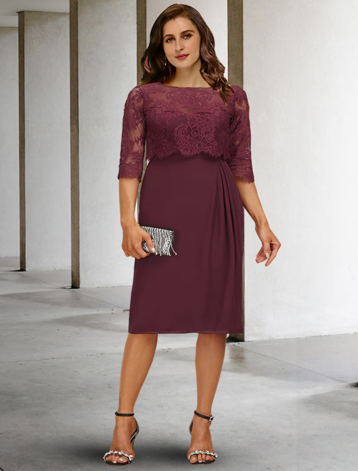 A-Line Plus Size Curve Mother of the Bride Dresses Vintage Dress Formal Knee Length Half Sleeve Jewel Neck Chiffon with Pleats Appliques