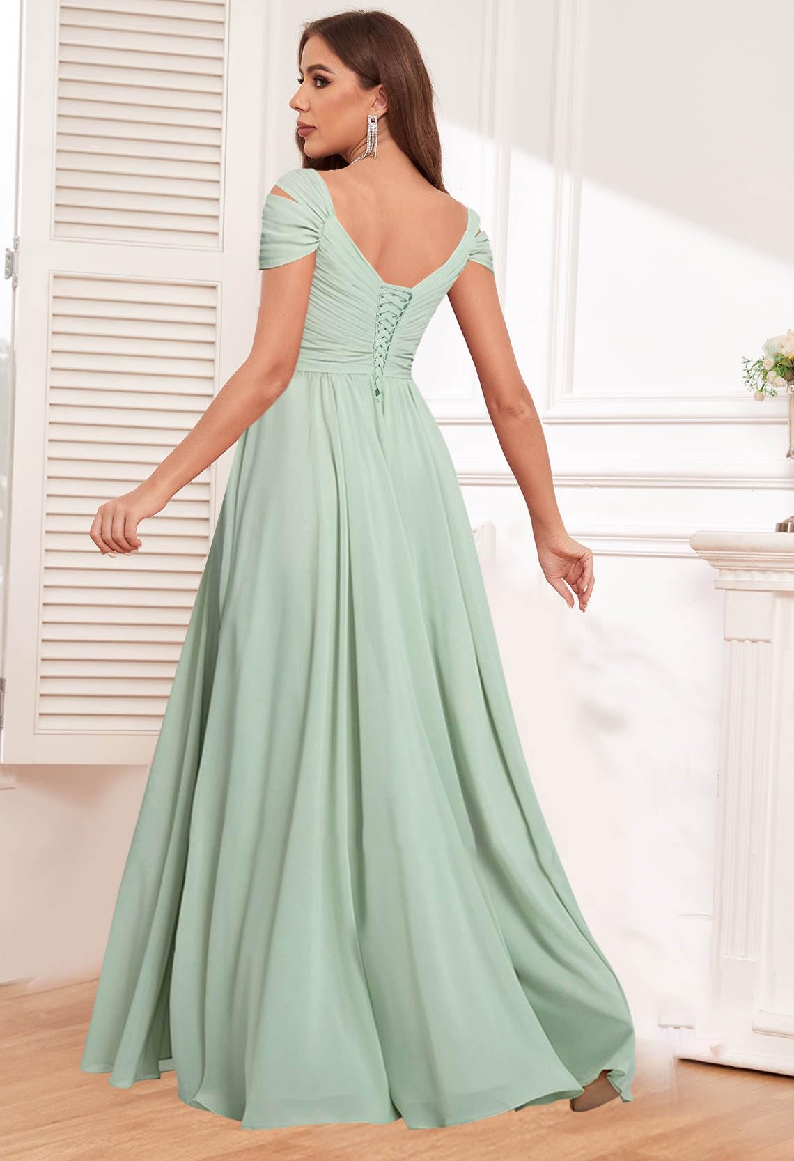 DingJiDress Bridesmaid Dresses Exquisite V Neck Off The Shoulder Side Fork Chiffon Long Formal Wear Dresses