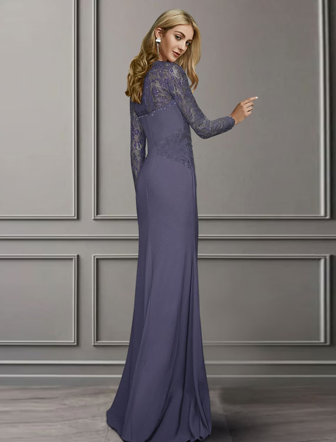 Mother of the Bride Dress Elegant Square Neck Chiffon Lace Long Sleeve with Appliques