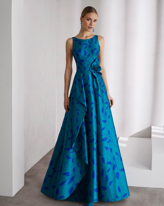 DingJiDress A Line Sleeveless Long Evening Dress Made In Satin Featuring Bateau Neckline Open Back Print Party Dress