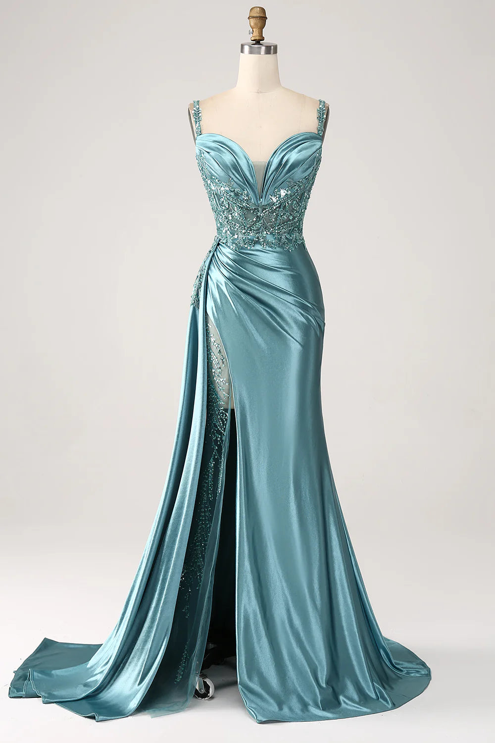 DingJiDress Blue Mermaid V-Neck Satin Long Appliques Sequin Prom Dress With Slit