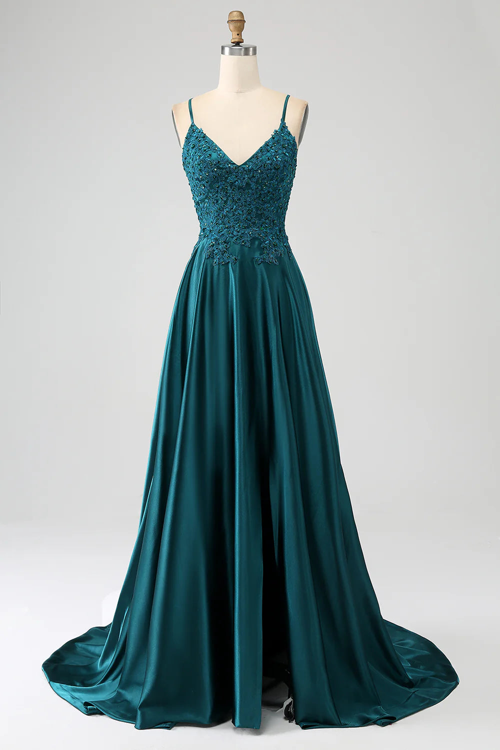 DingJiDress Peacock Green A-Line Spaghetti Straps Long Prom Dress with Slit