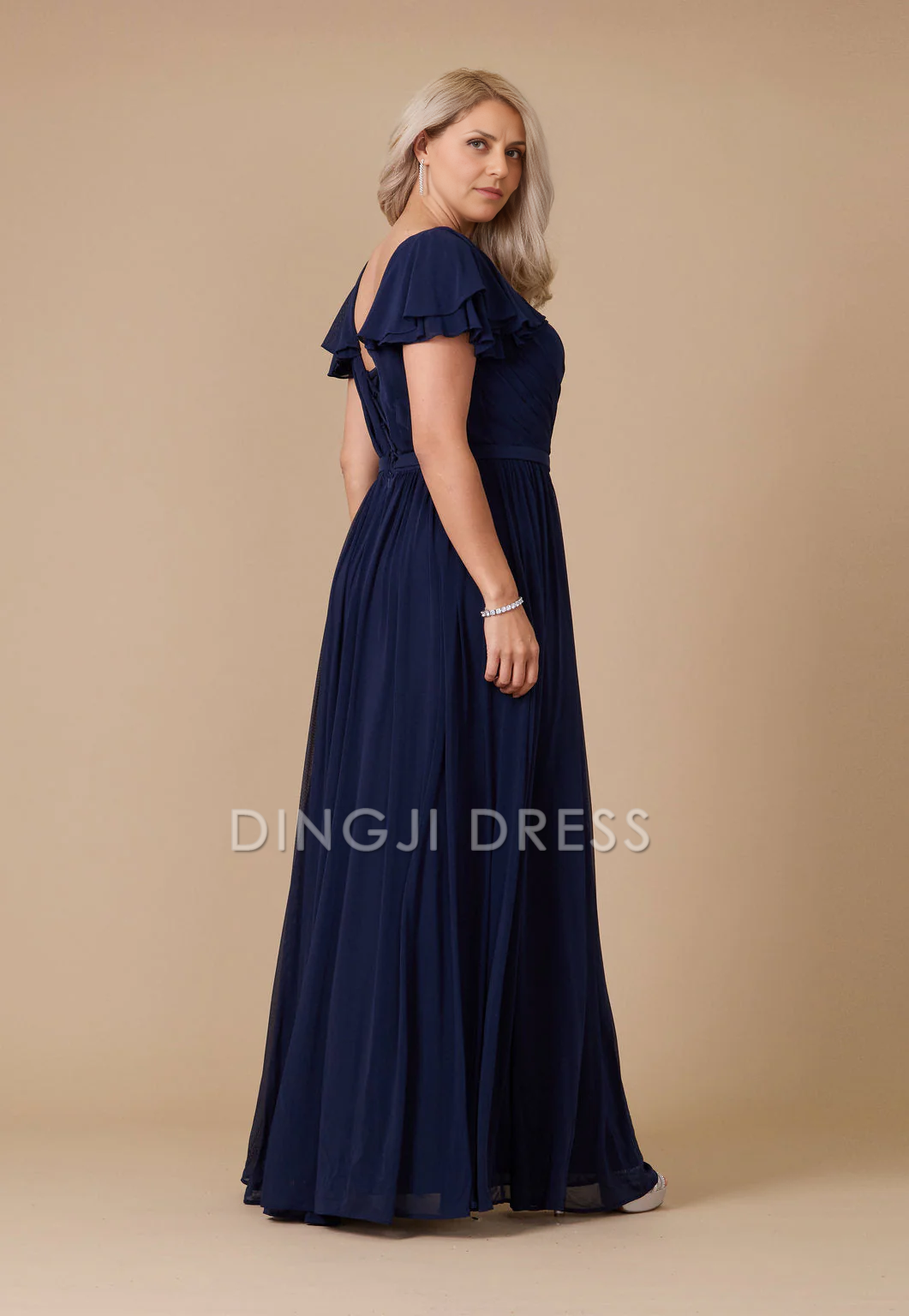 DingJiDress Evening Dress Elegant A Line V Neck Pleated Short Sleeve Side Fork Plus Size Long Mother Of The Bride Dress