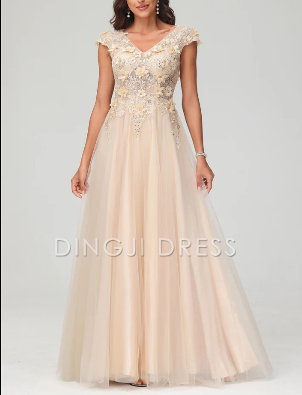DingJiDress Evening Dress A-Line V Neck Cap Sleeves See-through Applique Tulle Floor Length Dress Elegant Formal Dress
