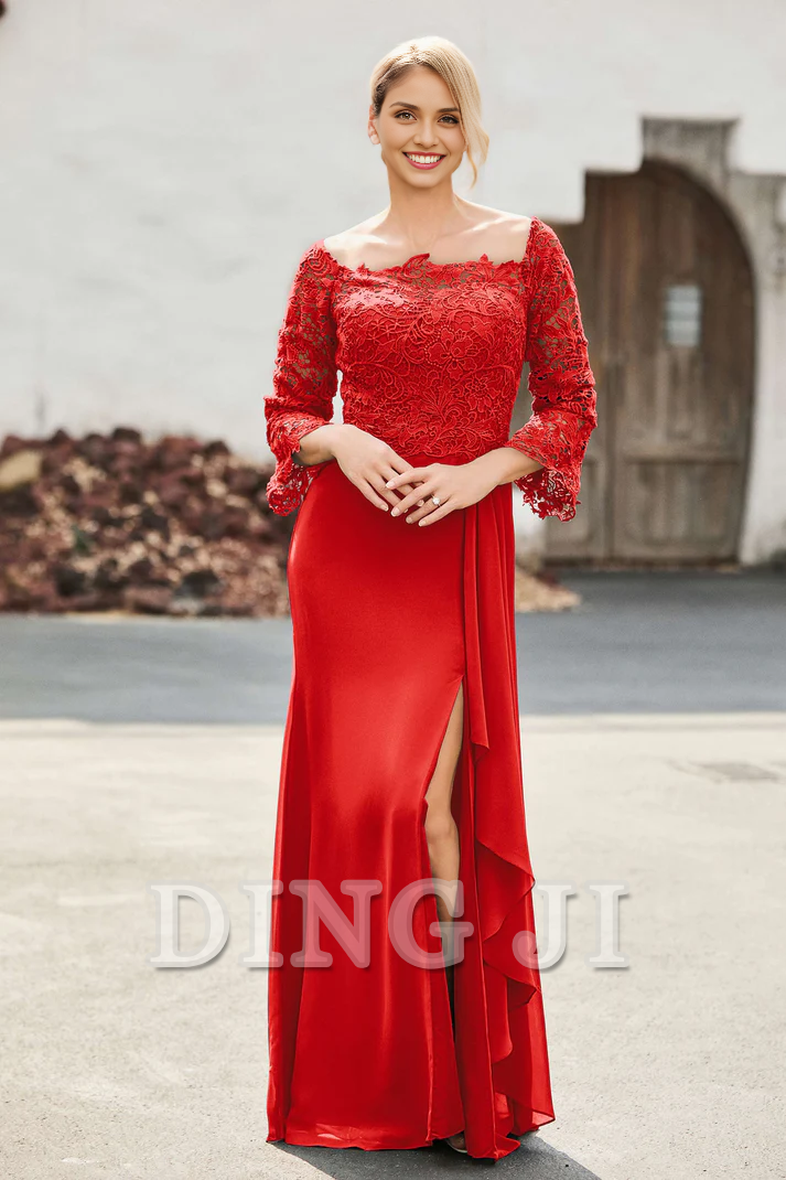 DingJiDress Mother of the Bride Dresses Ruffles Long Sleeves Sheath Dress With Slit Elegant Charming Dresses Wedding Guests Dresses