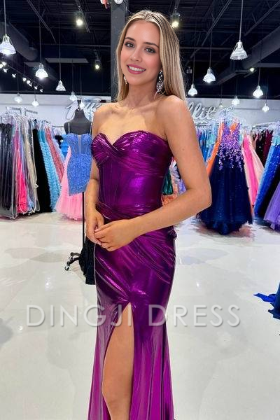 DingJiDress Formal Dress Charming Fitted Sweetheart Strapless Pleated With Side Slit Fashion Prom Dress