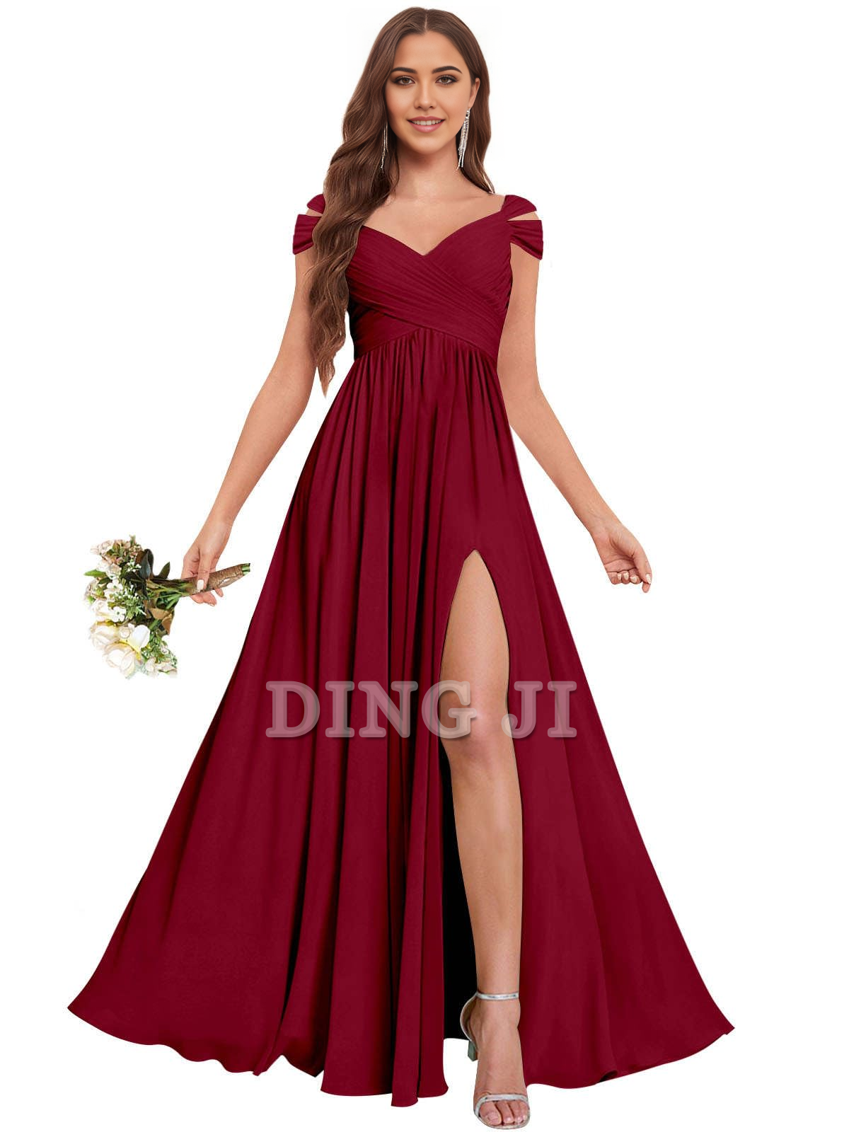DingJiDress Bridesmaid Dresses Exquisite V Neck Off The Shoulder Side Fork Chiffon Long Formal Wear Dresses