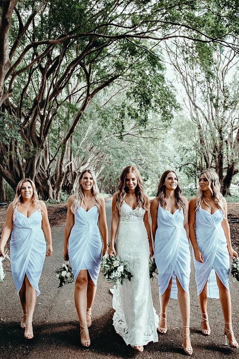 Simple Chiffon Sheath Spaghetti Strap V Neck Sleeveless Pleated Low Cost Short Gowns Bridesmaid Dresses