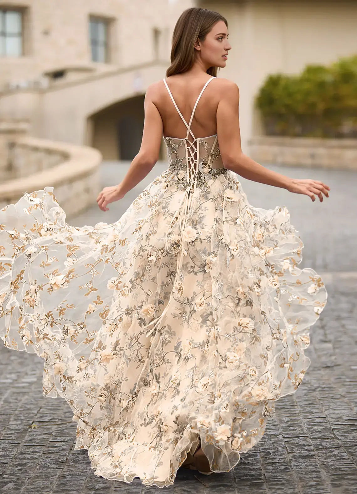 Elegant Light Apricot Printing A Line Spaghetti Strap Sweetheart Neckline Sleeveless 3D Floral Beadwork Side Fork Backless Romantic Formal Dresses Affordable Prom Dress