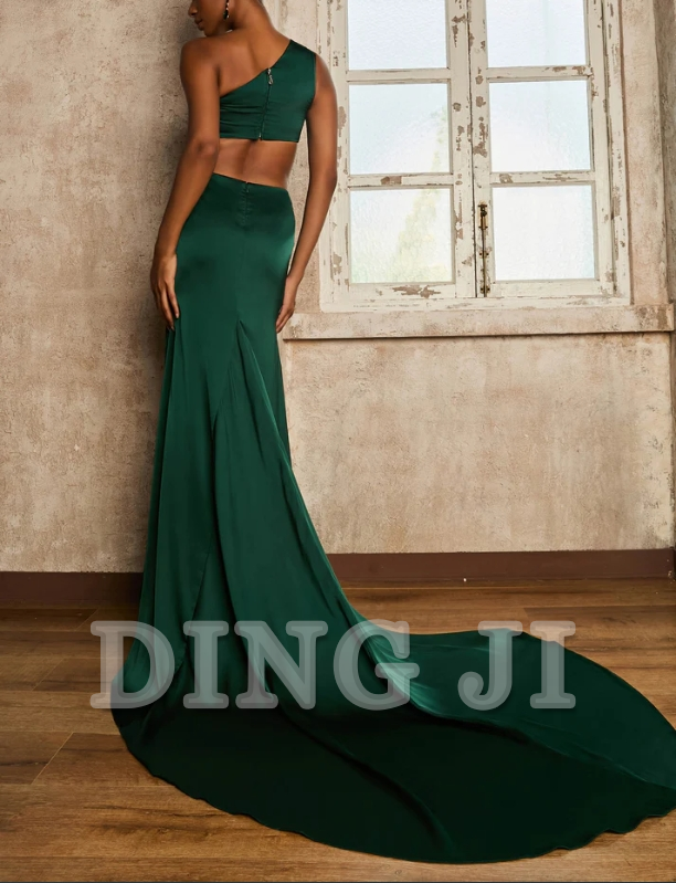 DingJiDress Evening Dress Mermaid One Shoulder Sleeveless Waist Cut-Out Maxi Gown Open Back Sweep Train Wedding Guest Dresses