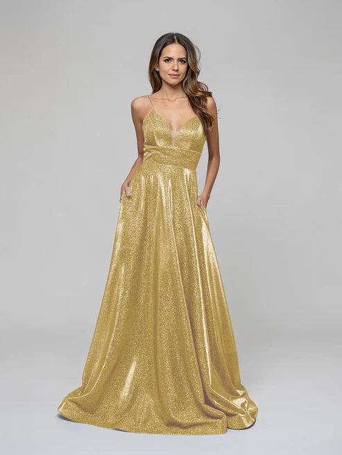 DingJiDress A Line Lace-up Spaghetti Straps Metallic Glitter Prom Dresses