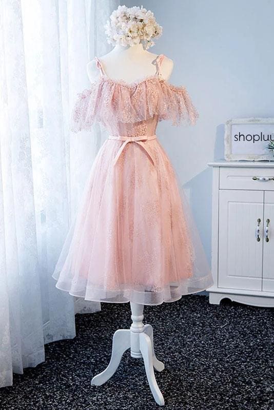 DingJiDress Short Prom Dress A Line Spaghetti Strap Tulle Lace Cute Short Pearls Charming Short Homecoming Dress