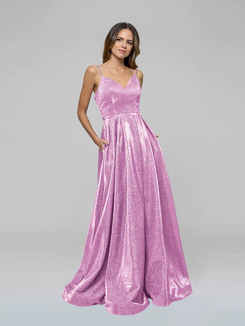 DingJiDress V-neck Sparkly A Line Long Prom Dresses Glitter Ball Gown