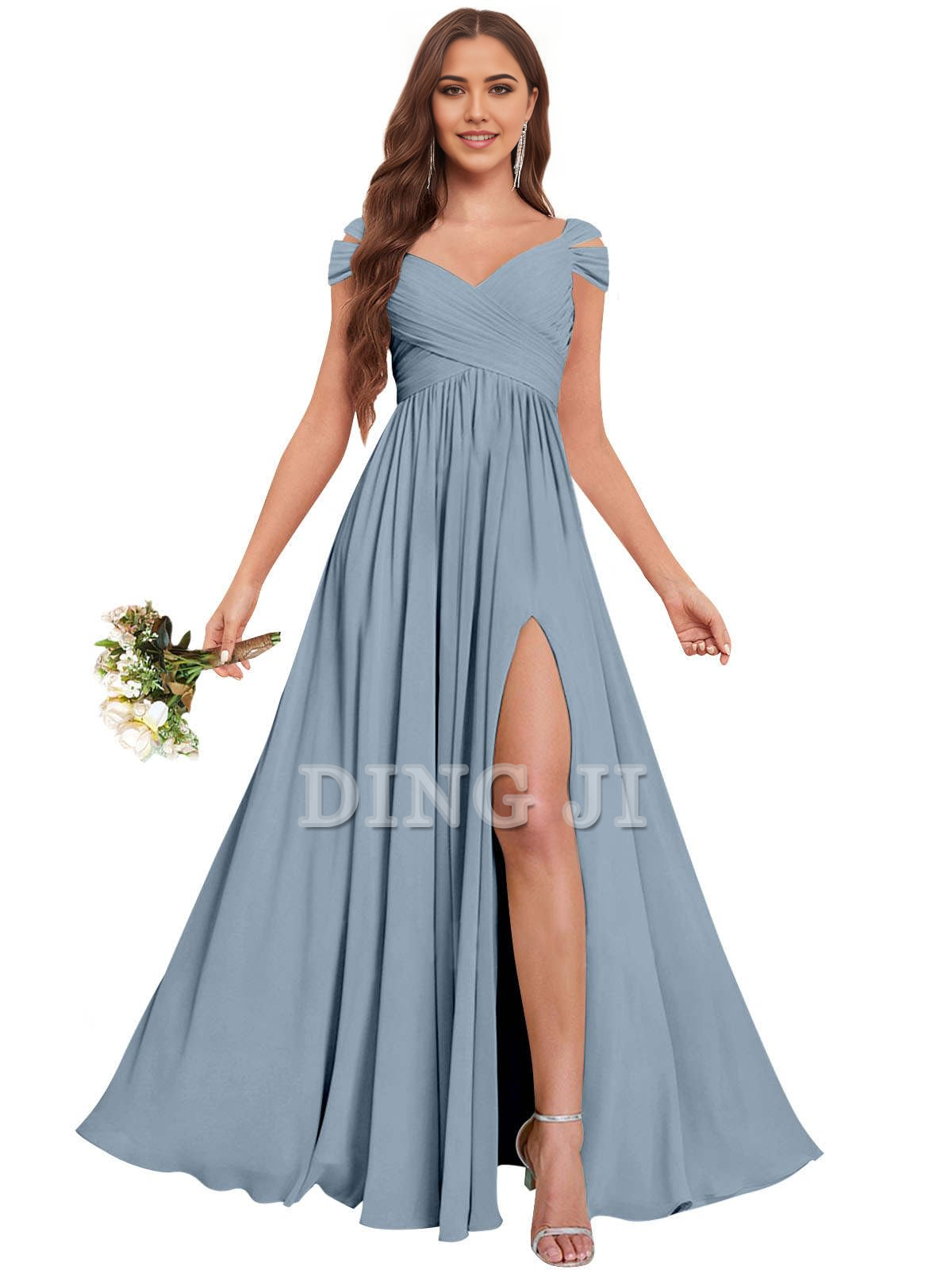 DingJiDress Bridesmaid Dresses Exquisite V Neck Off The Shoulder Side Fork Chiffon Long Formal Wear Dresses