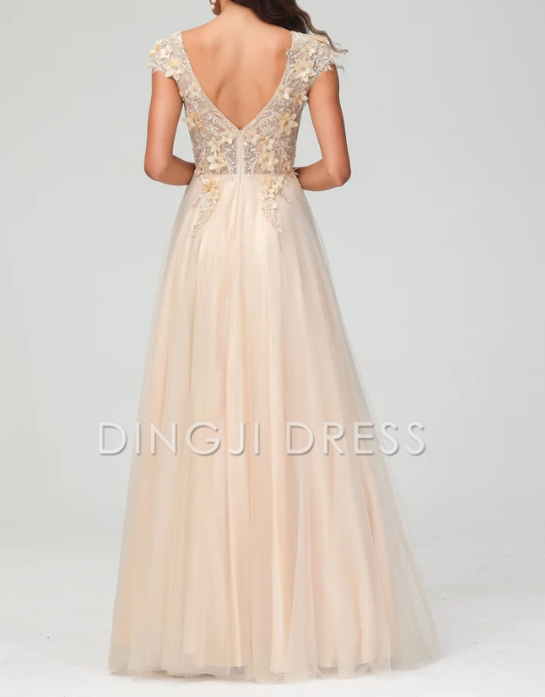 DingJiDress Evening Dress A-Line V Neck Cap Sleeves See-through Applique Tulle Floor Length Dress Elegant Formal Dress