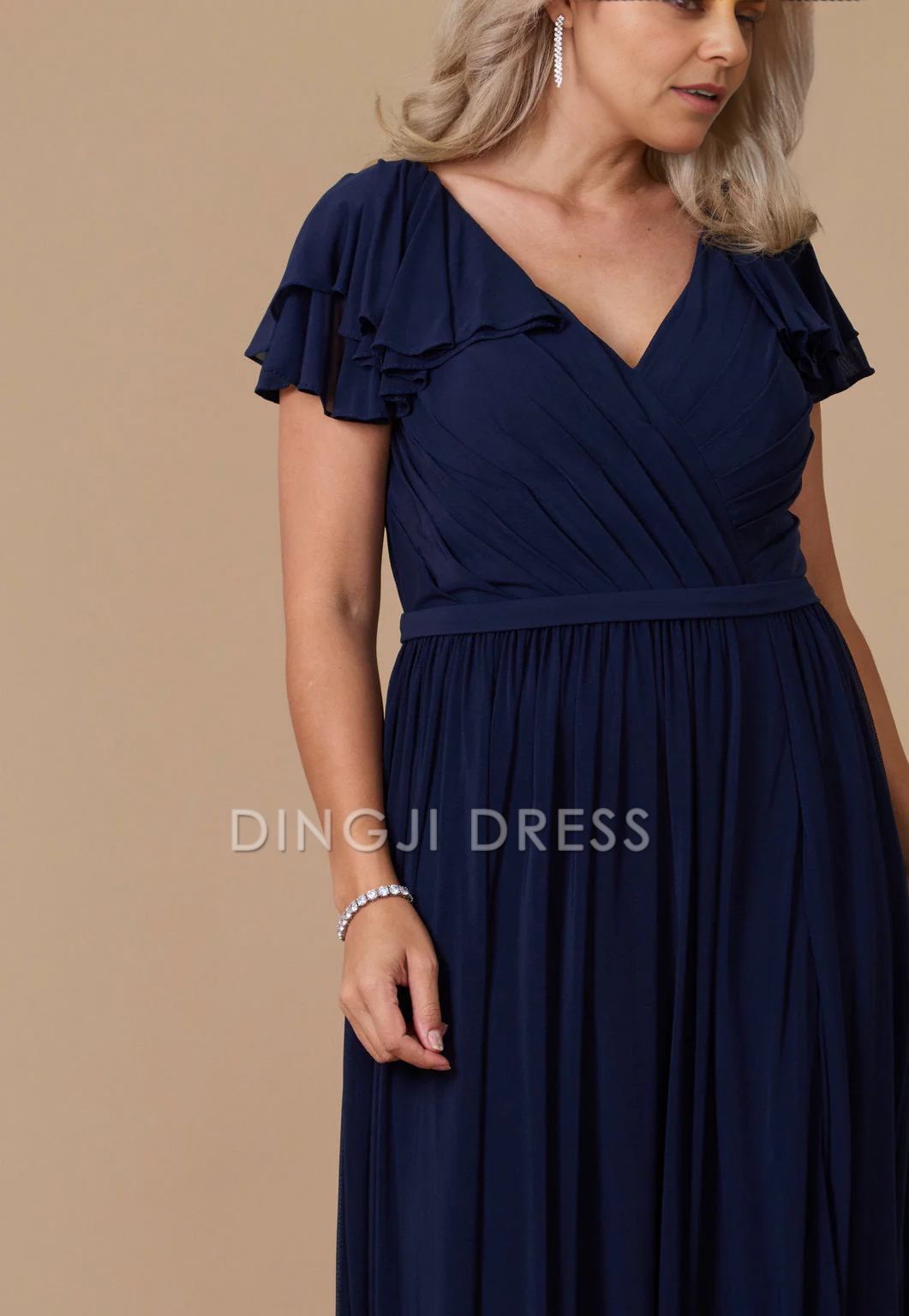 DingJiDress Evening Dress Elegant A Line V Neck Pleated Short Sleeve Side Fork Plus Size Long Mother Of The Bride Dress