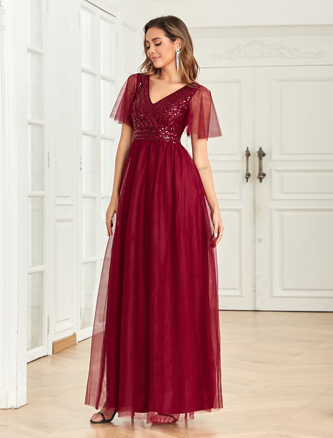 A-Line Party Dresses Empire Dress Party Wear Floor Length Short Sleeve V Neck Tulle V Back with Glitter Sequin