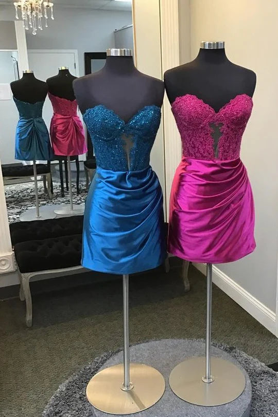 DingJiDress Homecoming Dress Strapless Lace Appliques Pleated Tight Graduation Dresses