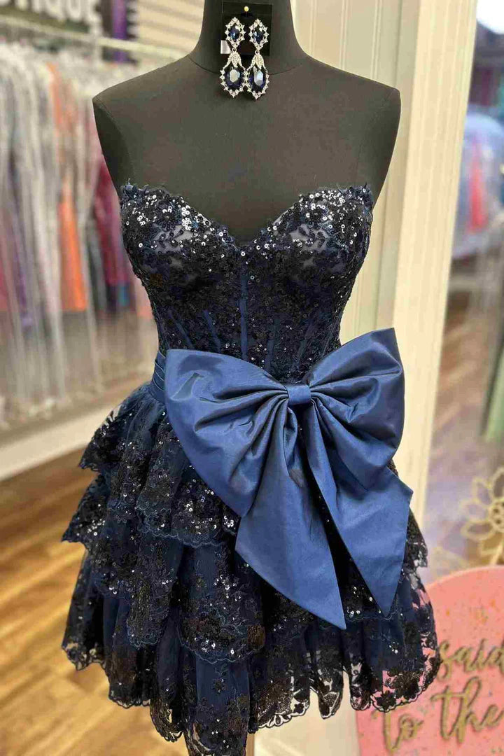 DingJiDress Strapless Red Sequin Ruffle Homecoming Dress with Bow Graduation Dresses