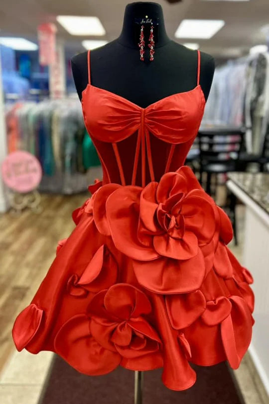 DingJiDress A-Line Homecoming Dress Pink Spaghetti Straps Graduation Dresses with 3D Floral