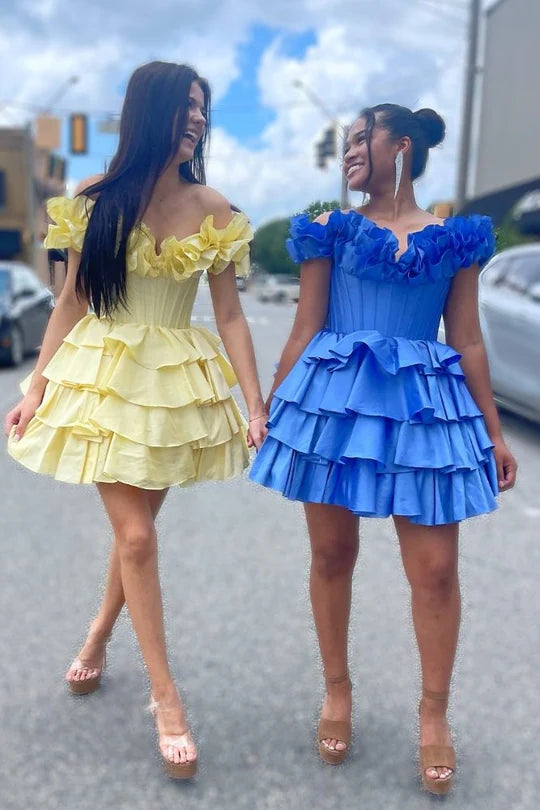 DingJiDress A-Line Empire-Waist Short Homecoming Dress Hot Pink Off the Shoulder Ruffle Satin