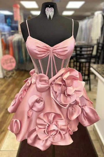 DingJiDress A-Line Homecoming Dress Pink Spaghetti Straps Graduation Dresses with 3D Floral