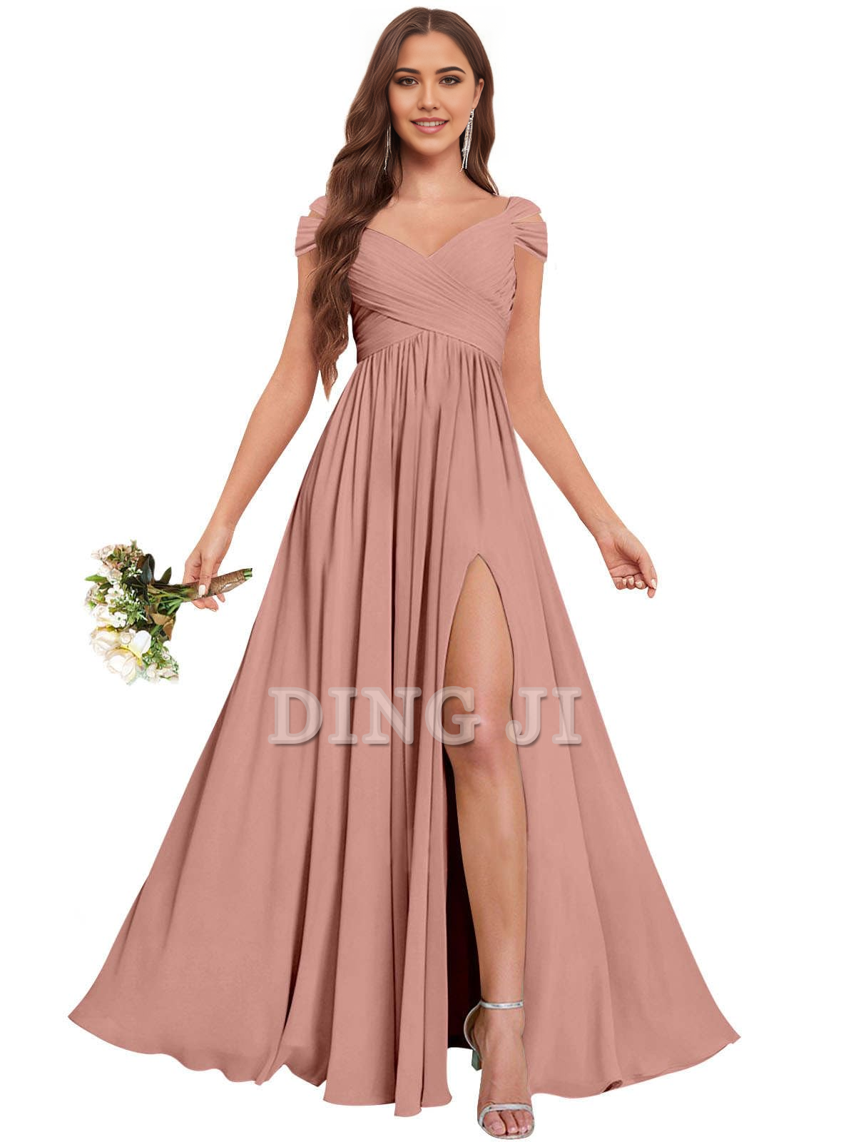 DingJiDress Bridesmaid Dresses Exquisite V Neck Off The Shoulder Side Fork Chiffon Long Formal Wear Dresses