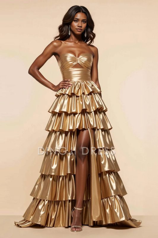 DingJiDress High Quality Dress Strapless A Line Sweetheart Ruched Tiered Fashion Long With Slit Prom Dress