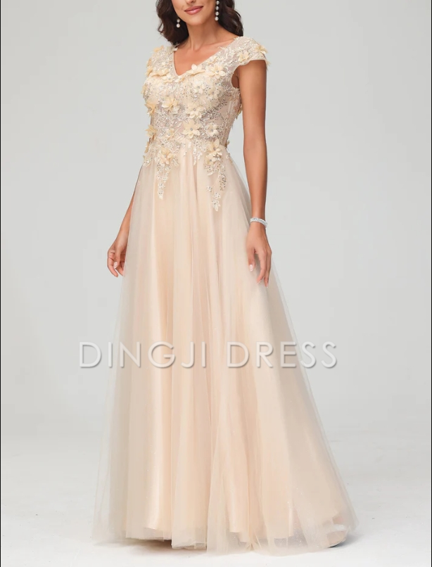 DingJiDress Evening Dress A-Line V Neck Cap Sleeves See-through Applique Tulle Floor Length Dress Elegant Formal Dress
