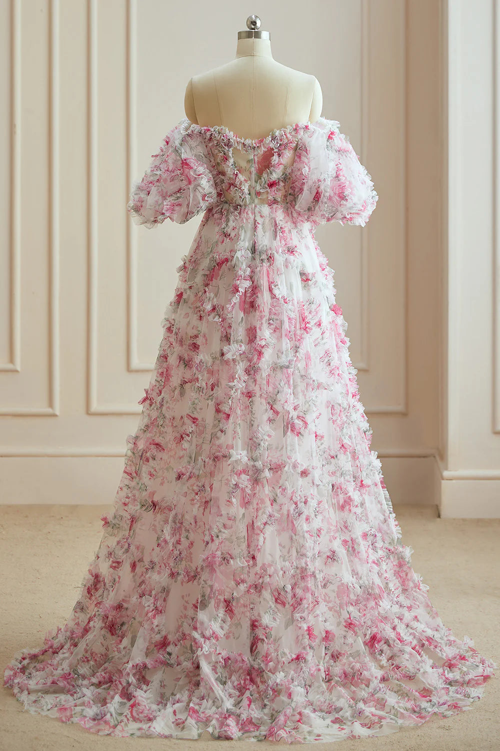 DingJiDress A Line Sweetheart Ruffles Sweep Train Floral Printed Chiffon Prom Dresses