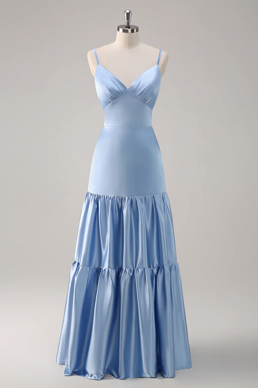 DingJiDress Elegant Sky Blue A Line Bridesmaid Dress V Neck Spaghetti Straps Ruffle Satin