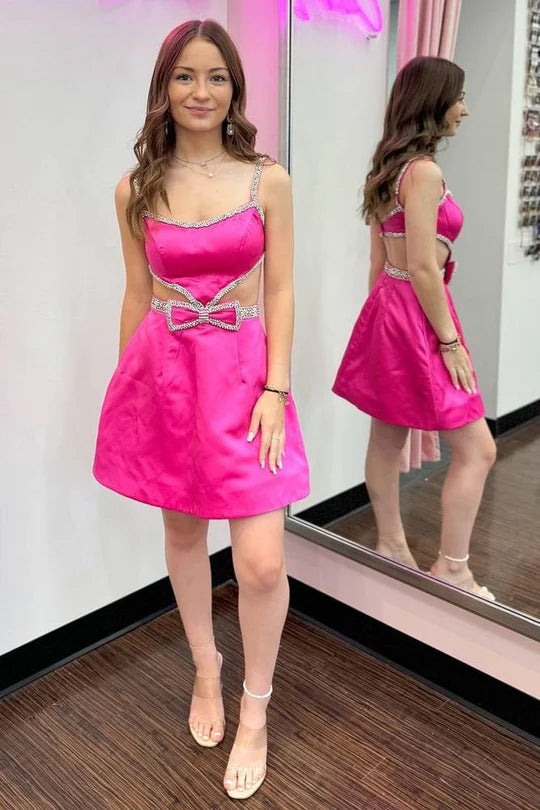 DingJiDress Homecoming Dress Spaghetti Straps Blue Cutout with Bow Graduation Dresses