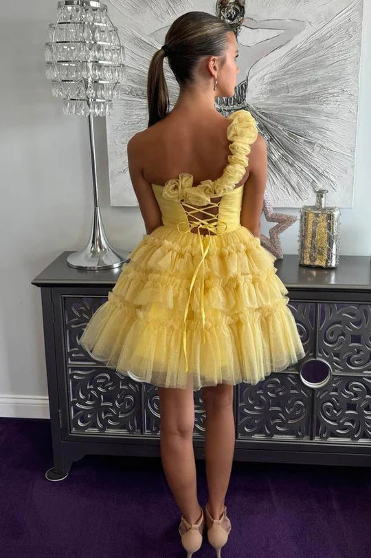 DingJiDress A-Line Homecoming Dress One Shoulder Light Blue Layered Tulle Graduation Dresses