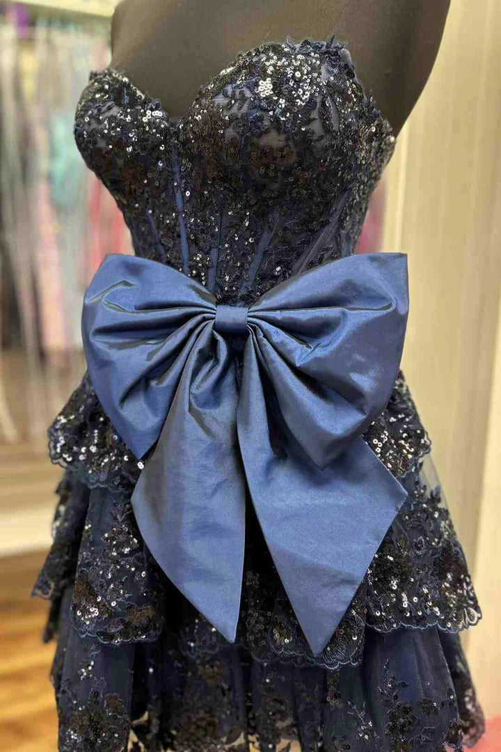 DingJiDress Strapless Red Sequin Ruffle Homecoming Dress with Bow Graduation Dresses